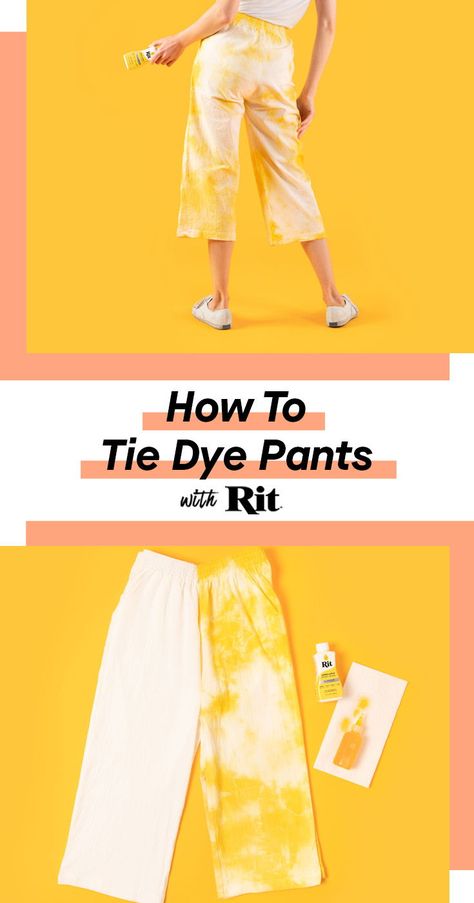 DIY Tie Dye! Brighten up your summer wardrobe with these tie dyed linen pants. You can dress them up or keep it casual with flats and a t-shirt. We love how the Golden Yellow color turned out. If yellow is not your cup of tea, switch out the color. We have over 1,000+ color formulas in our color library! DIY with Rit! Diy Tie Dye Pants, Library Diy, Diy Tie Dye, Cut Hoodies, Color Library, Tie Dye Patterns Diy, Family Sculpture, Dye Pants, Color Formulas