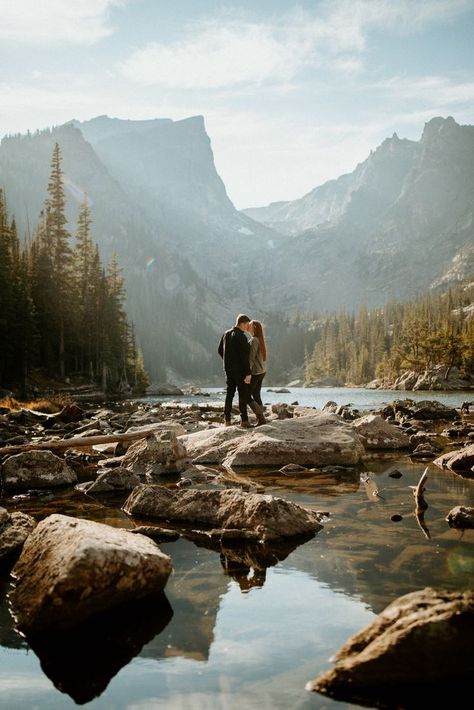 Rocky Mountain National Park Engagements photographed by Meg Layman Photography - Destination Wedding & Elopements Mountain Engagement Shoot, Rocky Mountain National Park Engagement, Mountain Photoshoot, Mountain Couple, Mountain Wedding Photos, Hiking Photos, Lake Photoshoot, Usa Trip, Mountain Pictures