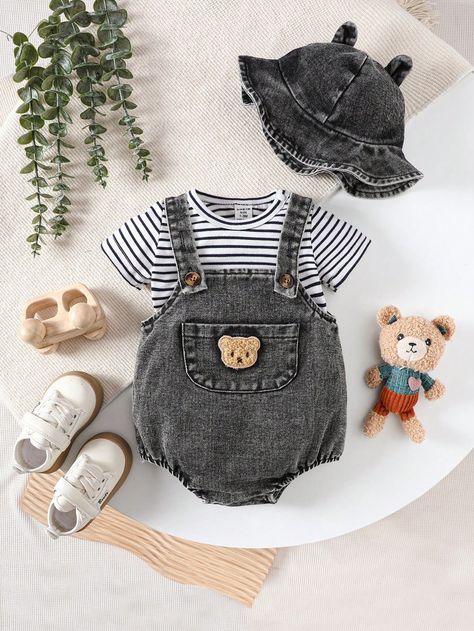 Fashionable Striped Short Sleeve T-Shirt And Overalls Set For Baby Boy Black     Animal,Cartoon,Striped  Non-Stretch  Newborn Baby Clothing, size features are:Bust: ,Length: ,Sleeve Length: Spring Baby Boy Outfits, Baby Boy Outfits Newborn Black Babies, Summer Newborn Outfits Boys, Cute Baby Outfits For Boys, Baby Boy Outfits Stylish, Cute Baby Clothes For Boys, Baby Boy Fits, Baby Outfits Boy