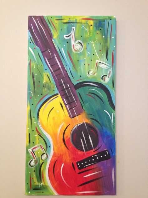 Guitar- Jessica Byrd Colorful Guitar Painting, Acrylic Guitar Painting, Music Related Paintings, Acoustic Guitar Art Paint, Music Painting Ideas On Canvas, Music Painting Ideas Easy, Guitar Painting Acrylic, Guitar Acrylic Painting, Guitar Painting Ideas