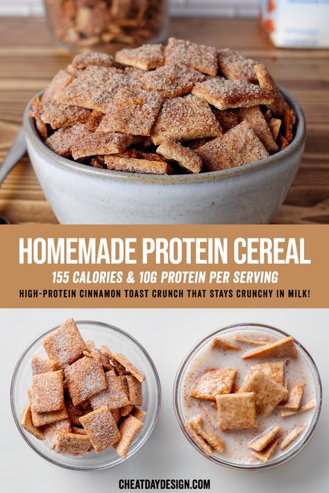 Protein Powder Dinner Recipes, Homemade Life Cereal, Homemade Cinnamon Cereal, Low Calorie High Protein Sweet Breakfast, Diy Protein Cereal, Cinnamon Toast Crunch Protein Balls, Breakfast Ideas Cereal, High Protein Crackers, Low Calorie Cereal Recipe