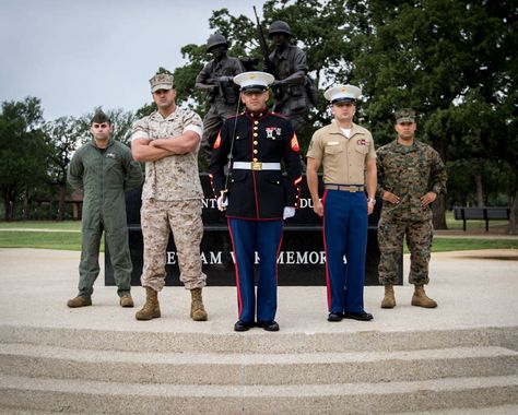 Marine Corps recruiters out of Recruiting Sub-Station Arlington, Texas wear different Marine Corps uniforms at Veterans Park ... representing the honorable, proud history of the Marine Corps. Marine Corp Aesthetic, Marine Corps Bootcamp Parris Island, Us Marine Corps Uniforms, Us Marines Uniform, Patriotic Photos, Usmc Uniforms, Marine Corps Bootcamp, Marine Corps Uniforms, Marines Uniform