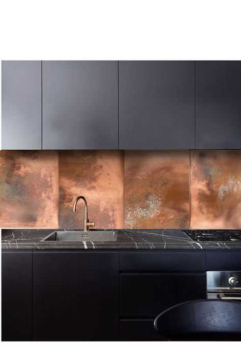 Turquoise Backsplash Kitchen, Copper Splashback Kitchen, Kitchen Trim, Brass Panels, Copper Splashback, Black And Copper Kitchen, Metal Backsplash Kitchen, Sink Backsplash, Copper Kitchen Backsplash