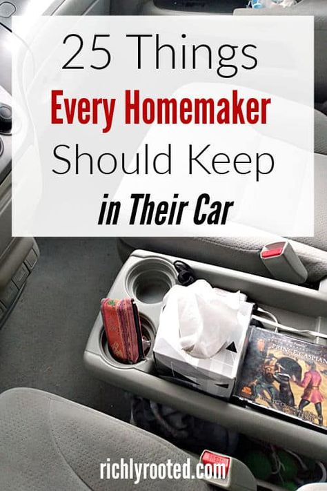 In a quest to be a more intentional, prepared homemaker, here are 25 car essentials I\'m stocking in our minivan! You never know when these car must-haves will come in handy, but when you need them, you\'ll be grateful you planned ahead! What To Always Have In Your Car, Car Organization For Moms, What’s In My Car, Minivan Accessories, Car Essentials For Women List, Stuff To Keep In Your Car, Car Kit Essentials For Women, Homemaker Routine, Car Essentials For Women