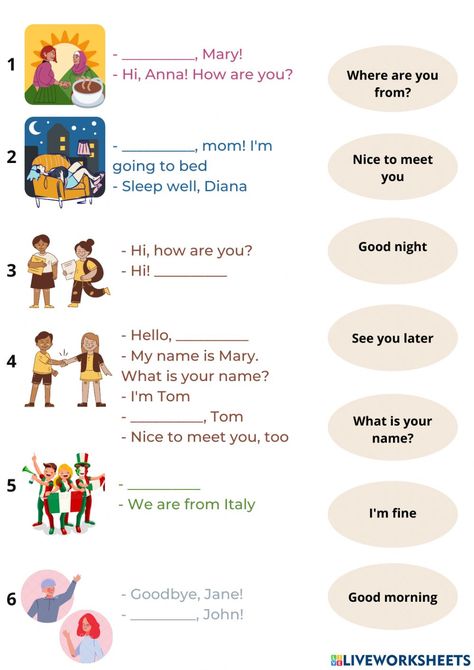 Short Conversations In English, This Is These Are Worksheet, Conversation Worksheets English, Greetings Worksheets, English Conversation Worksheets, Basic English For Kids, Conversation For Kids, Activities For 1st Graders, English Conversation For Kids