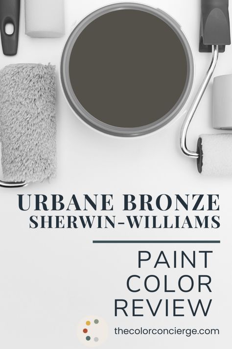 Sherwin-Williams Urbane Bronze is a unique, deep color that offers warmth to any space. Learn more about Urbane Bronze in our color review. Urbane Bronze Sherwin Williams Kitchen, Sherwin Williams Wrought Iron, Urban Bronze Garage Door, Urbane Bronze Sherwin Williams Bedroom, Urbane Bronze Sherwin Williams, Bronze Color Palette, Interior Accent Wall, Urbane Bronze, Urban Bronze