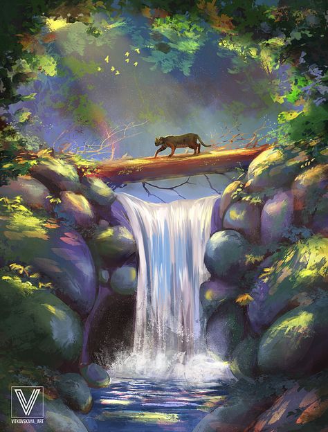 ArtStation - Waterfall, Ekaterina Vitkovskaya Waterfall Drawing, Nature Verte, Fall Drawings, Forest Drawing, Waterfall Pictures, Forest Waterfall, Waterfall Art, Waterfall Paintings, Waterfall Landscape