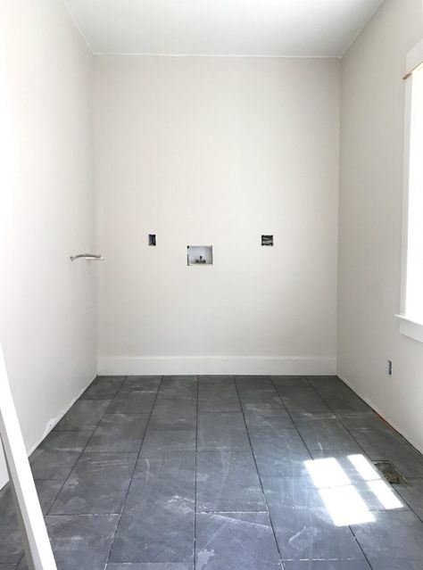 #103: Regrets From Our Beach House Reno | Young House Love Slate Tile Floor Bathroom, Dark Tile Bathroom Floor, Grey Slate Bathroom, Beach House Laundry Room, Dark Grey Tile Bathroom, Dark Floor Bathroom, Dark Tile Bathroom, Slate Bathroom Floor, Slate Bathroom Tile
