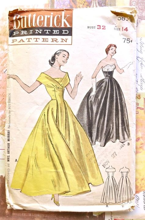 Evening Gown Pattern, Vintage Clothes Patterns, Patron Vintage, Strapless Evening Gowns, 1950 Fashion, Fashion Illustration Vintage, Vintage Dress Patterns, Old Dresses, Butterick Pattern