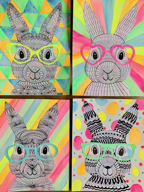 Funky Easter Bunnies #zentangle #drawing #artforkids Bunnies Drawing, Art 2nd Grade, Drawing Easter, Påskeaktiviteter For Barn, Easter Art Project, Zentangle Kunst, Classe D'art, Lapin Art, Easter Greetings Messages