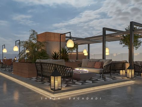 Roof-Top Restaurant Design on Behance Roof Top Lighting Ideas, Roof Top Bar Design Home, Rooftop Bar Design For Home, Roof Top Terrace Design Ideas, House Roof Top Design, Roof Top Landscape Design, Rooftop Terrace Restaurant Design, Roof Garden Restaurant, Roof Garden Restaurant Design