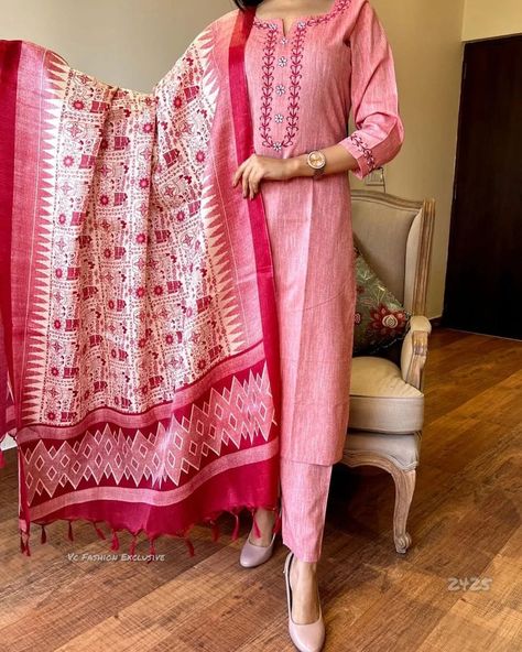₹920 *new launch* *The uber classy south khadi cotton embroidery suit and khadi silk dupata set which give a classy look...❤️💜* Pure HANDLOOM khadi cotton weaving based fabric all over embroidery. Paired with straight cotton pant. Embroidery on hems and beautiful shade khadi silk duppat... Cotton Salwar Kameez, Kurtis With Pants, Kurta Palazzo, Kurta Designs Women, Ethnic Dress, Cotton Suits, Cotton Suit, Embroidery Suits, Silk Dupatta