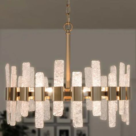 Uolfin Reperio 6-Light Brass Dining Room Chandelier with Icing Glass Strip-I72QMAHD23862ZY - The Home Depot Brass Dining Room Chandelier, Gold Dining Room Chandelier, Modern Gold Kitchen, Glam Chandelier, Glam Dining Room, Gold Dining Room, Contemporary Crystal Chandelier, Dining Room Ceiling Lights, Gold Dining
