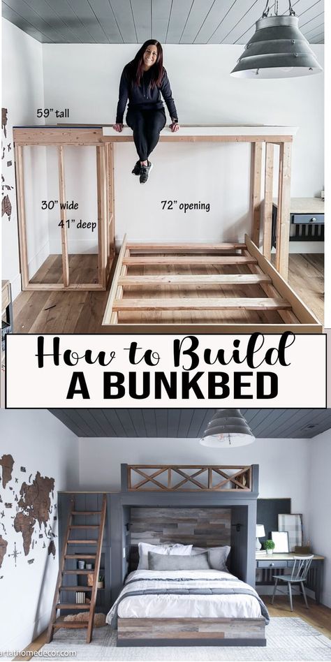 DIY TWIN AND QUEEN BUNKBED FOR KIDS AND TEENS Diy Built In, Bunk Bed Rooms, Diy Bunk Bed, Bunk Beds Built In, Bunk Rooms, Kraf Diy, Bilik Tidur, Hiasan Bilik, Bunk Room