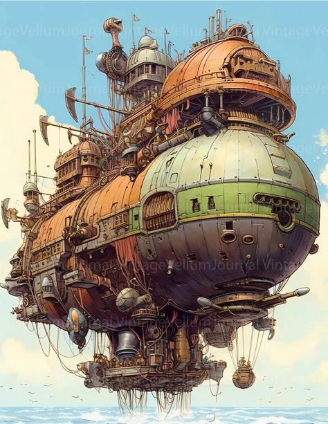 Soar to new heights of imagination with our Steampunk Airship digital junk journal. Brimming with illustrations of majestic dirigibles and retro-futuristic aircraft, each page captures the awe and wonder of steampunk aviation, inviting you to embark on a journey through skies where clouds are but stepping stones and adventure awaits at every turn. Steam Punk Airship, Retro Concept Art, Floating Building Art, Blimp Steampunk, Fantasy Airship Concept Art, Steampunk Airship Concept Art, Sci Fi Machine, Steampunk Aircraft, Airship Steampunk