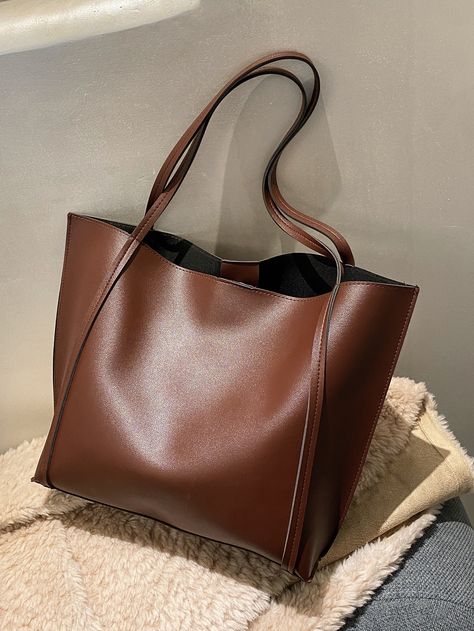 Coffee Brown Elegant Collar  PU Leather Plain Shoulder Tote Bag Embellished   Women Bags Spring Purses, Side Purses, Trending Handbags, Trendy Purses, Hand Bags For Women, Everyday Handbag, Cheap Purses, Stylish Purse, Brown Leather Totes