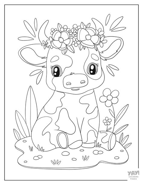 Cute cow with flower crown. Cute And Easy Coloring Pages, Full Coloring Pages, Coloring Pages Simple Cute, Yay Coloring Pages, Cute Drawing Pages, Cute Flower Coloring Pages, Thick Line Coloring Pages, Cute Free Coloring Pages, Color Sheets For Adults