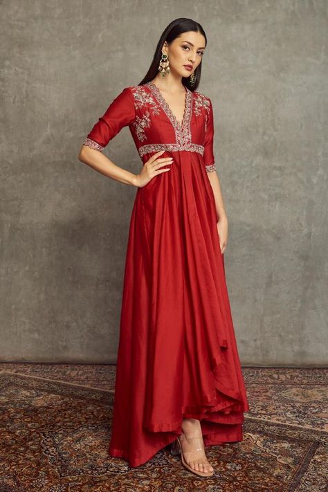 Buy Ikshita Choudhary Red Chanderi Cross Yoke Anarkali Online | Aza Fashions High Low Anarkali, Anarkali With Palazzo, Red Kurti, Anarkali Suits Designer, Jayanti Reddy, Beautiful Frocks, Red Kurta, Silk Anarkali, Chiffon Frocks