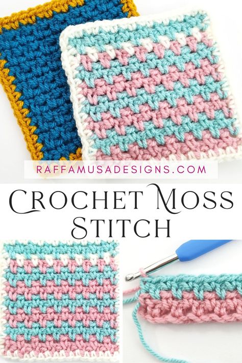 a collage of pictures showing crocheted squares made using the moss stitch Crochet Moss Stitch Square, Moss Stitch Granny Square, Moss Crochet Stitch, Crochet Moss Stitch, Linen Stitch Crochet, Crochet Moss, Woven Stitch, Moss Stitch Pattern, Crochet Feather