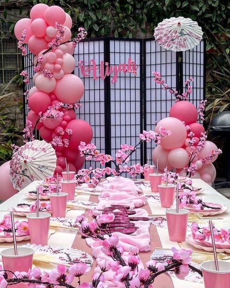 Geisha Birthday Party, Geisha Theme Party, Cherry Blossom Balloons, Geisha Party Theme, Japanese Inspired Party, Cherry Blossom Balloon Garland, Cherry Blossom Balloon Arch, Nezuko Party Ideas, Korean Party Decorations