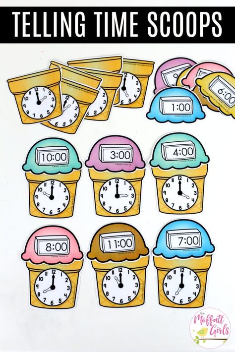 Telling Time Ice Cream Scoops- pair the ice cream scoop with the matching cone with digital and analog clocks for time to the hour.  Kindergarten Math Made Fun! Kindergarten Telling Time, Telling Time Games, Telling Time Activities, Telling Time To The Hour, Mathematics Activities, Learn To Tell Time, Time To The Hour, Time Lessons, Teaching Time