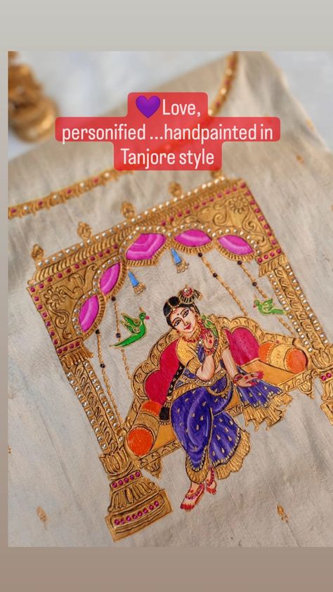 Tanjore painting on blouse Paintings On Blouses, Fabric Painted Blouses, Tanjore Painting Blouses, Tanjore Painting On Fabric, Tanjore Painting On Blouses, Painting On Blouse, Kurti Painting, Painting Blouse, Painting Skirt