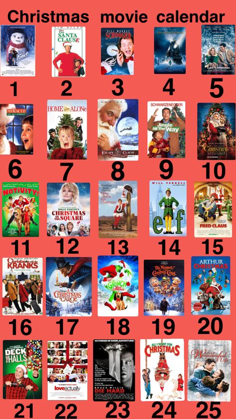 #christmas #christmasmovies #films #movies #christmasfilms #calandre #list #25days #25 #december Christmas Movie Sleepover, 31 Christmas Movies, Movie For Christmas, Chrimas Movie List, 25 Christmas Movies List, Christmas Movies Disney Plus, Christmas Movies To Watch Every Day Of December, December Movie Challenge, Crismas Movies