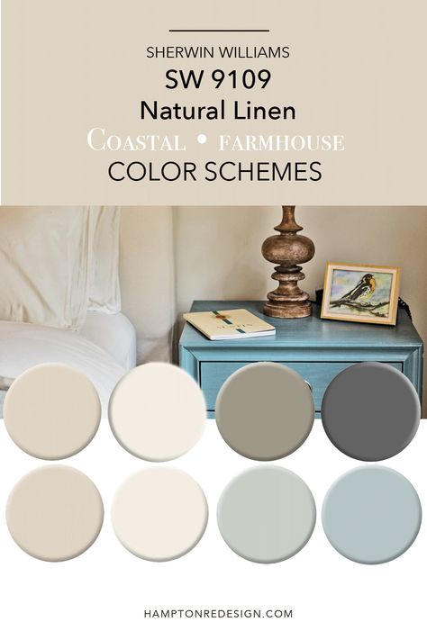 Try these coordinating color schemes using SW 9109 Natural Linen color paint. These two palettes are great for coastal and farmhouse themes to use throughout the house. Natural Linen is a perfect neutral paint color that can work in any home decor though. #sw9109 #naturallinen #sherwinwilliamspaintcolor Sw Farmhouse Color Palette, Cottage Interior Colors Paint Colours, Sw Boho Paint Colors, Neutral Paint Color Schemes, Cottage Neutral Paint Colors, Best All Over Paint Color For Home, Sw9109 Natural Linen, Coordinating Neutral Paint Colors, Living Room Paint Colors Farmhouse