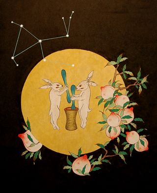 The Moon Rabbit  (Daltokki, 달토끼) Gwangju, Moon Rabbit, Chinese Folk Art, Korean Painting, Art Asiatique, Rabbit Art, Year Of The Rabbit, Korean Art, Harvest Time