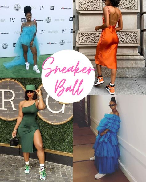 35 Baller Sneaker Ball Outfit Ideas - ljanestyle Party Dress Sneakers, Green Dress Sneaker Ball, Sneaker Ball Women Outfit, Ball Gown And Sneakers Outfit, Ball Dress With Sneakers, New Years Sneaker Outfit, How To Dress For A Formal Event, Sneaker Ball Party Outfit Ideas Women, Sneaker Ball Pink Dress