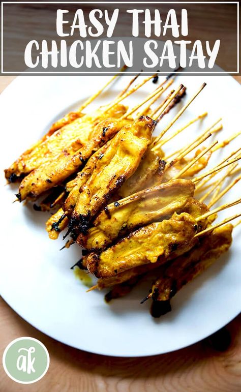 This easy Thai chicken satay has become my children's most requested meal. The chicken marinade comes together in a snap. Serve it with coconut rice and all dinner done. #easy #thai #chicken #satay #skewer #children Chicken Satay Rice Bowl, Thai Chicken Satay Recipe, Thai Marinade For Chicken, Thai Chicken Marinade, Chicken Satay Marinade, Satay Marinade, Easy Thai Chicken, Thai Chicken Satay, Chicken Satay Skewers