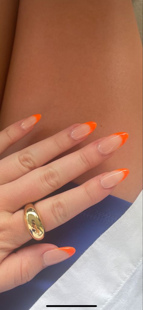 Nails Acrylic Ideas Summer, Nails Acrylics Almond, Orange French Nails, French Manicure Long Nails, Acrylics Almond, Summer Nails Vacation, Vacation Nail Ideas, Almond Nails Acrylic, Nails Acrylic Ideas