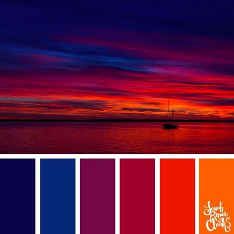 Colorful Sunset // The sky is such an amazing canvas! Enjoy these color combinations inspired by spectacular skies and Classic Blue - PANTONE’s 2020 Color of the Year. Check out these 25 color palettes inspired by Classic Blue and other beautiful skies at www.sarahrenaeclark.com #color #colorinspiration #colorpalette Great Color Palettes, 7 Color Combinations, Dark Summer Colors, Fire And Ice Color Palette, Winter Sunset Color Palette, Colors That Compliment Pink, Sunset Colors Palette, Navy Color Combinations, Colour Pallete Inspiration