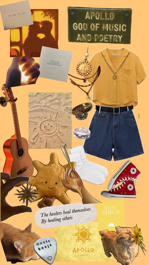 Yes #apollo #greekmythology #pjo Cabin Core Aesthetic, Apollo Pjo, Child Of Apollo, Kidcore Clothes, Cabin Outfit, Apollo Aesthetic, Apollo Cabin, Percy Jackson Cabins, Percy Jackson Outfits