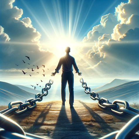 An inspiring image depicting a single person standing on a hilltop, bathed in sunlight, with a wide horizon stretching before them. This individual is looking confidently into the distance, symbolizing freedom and independence. Around them, broken chains lie on the ground, representing liberation from societal pressures and stereotypes about singleness. The scene is serene and uplifting, with... Freedom Background, Word Pictures Art, Casting Out Demons, Faith Images, God Is Here, Freedom Images, Looking Into The Distance, Christian Background Images, Heaven Images