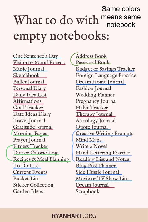 Topics For Diary Writing, Cute Things To Write In A Notebook Ideas, Self Diary Ideas, Spare Notebook Ideas, Organizing Journal Ideas, Organize Notes Ideas, Notebook Uses Ideas, What To Put In Notebooks, Uses For Notebooks