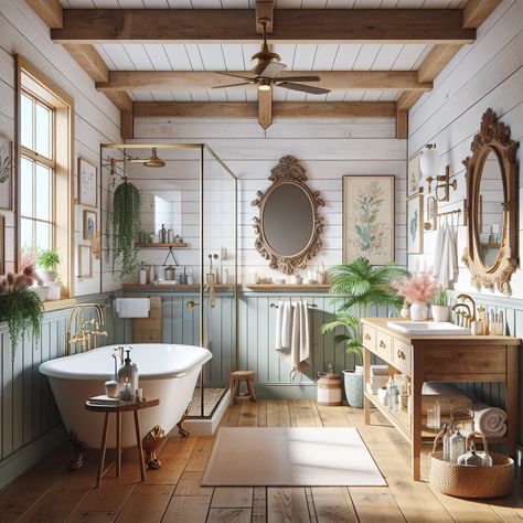 The bathroom should feature a clawfoot tub, wooden vanity, brass fixtures, and pastel color accents. An antique mirror, shiplap walls, and vintage artwork can add to the cottage charm. Modern elements can include a walk-in shower, floating shelves, and chic lighting. Natural light flooding in through a large window and houseplants for a touch of greenery might bring the outdoors inside. This image can serve as inspiration for a bathroom remodel. Jungle Bathroom Aesthetic, Craftsman Cottage Bathroom, Bathroom With Antiques, Bohemian Master Bath, Vintage Cottage Bathroom Ideas, Cottage Core Bathroom Decor, Cottage Core Bathrooms, English Cottage Bathroom, Cottage Core Bathroom