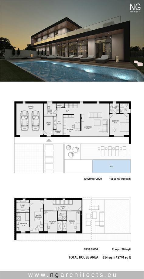 2 Bed Modern House Plan, Modern Home House Plans, Two Garage House Plans, Villa House Plans Modern, Modern Villa Plan Luxury, Luxury Villa Plan, One Floor House Design Modern, Luxury Villa Modern, Villa House Design