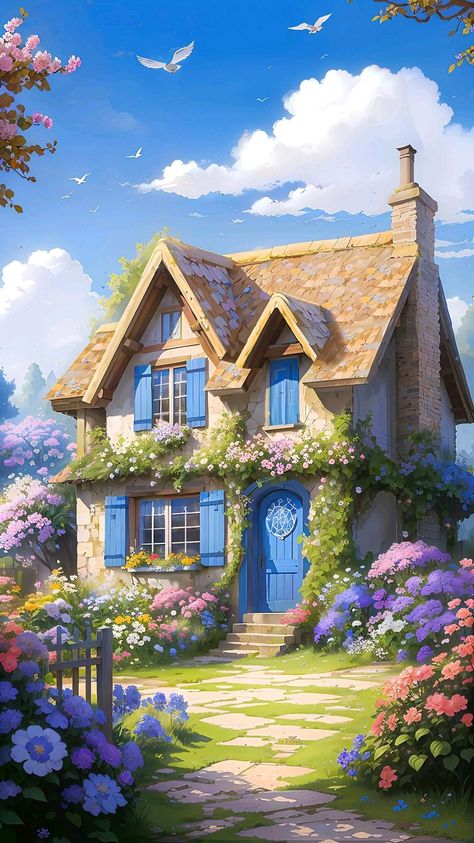 Cottage Digital Art, Cozy Cottage Drawing, Fantasy House Drawing, Cottage House Drawing, Cottage Drawing, Cottage Illustration, Fairytale Houses, Fantasy Cottage, Watercolor House Painting