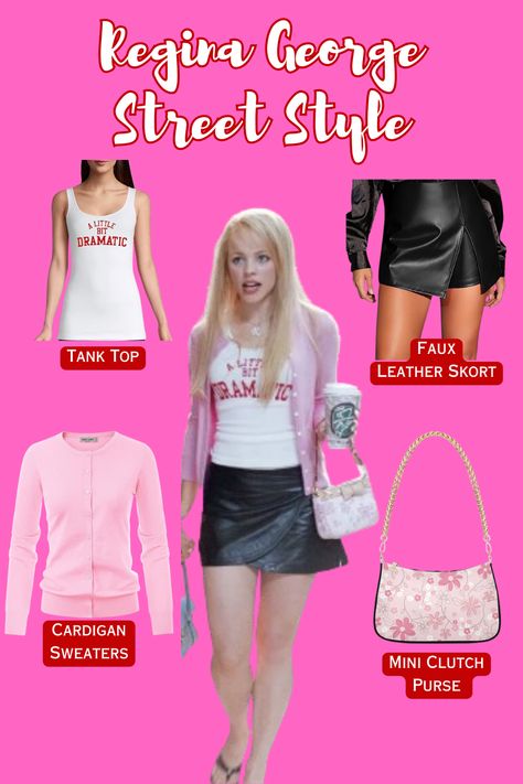 Regina George Mean Girls outfit inspiration: Pink floral clutch, faux leather mini skirt, iconic tank top, and a pink long-sleeve cardigan. Embrace the edgy elegance! 👑🌸 #MeanGirlsFashion #ReginaGeorgeStyle #EdgyChic #PinkFloral Mean Girls Outfits Regina George, Regina George Inspired Outfits, Mean Girls Regina George Outfits, Regina George Outfit Inspiration, Regina George Outfit, Mean Girls Fashion, Mean Girls Outfits, 25th Bday, Edgy Elegance