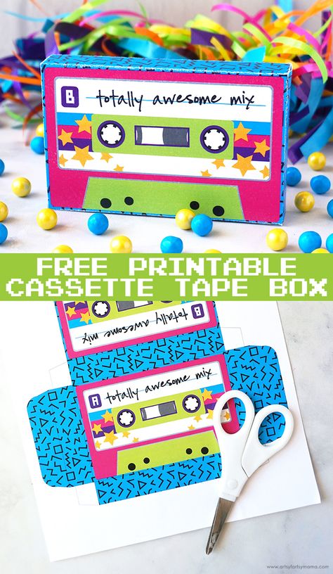 Free Printable Cassette Tape Box #totallyfreeprintables #freebies #freeprintable #80s #partyprintables #giftidea #partyfavor #box Boom Box Template, Cassette Template Free Printable, Back To The Future Door Decorations, Printable Cassette Tapes, Free Printable 80s Decorations, Free Printable Box Templates, Cricut 80s Decorations, Cassette Tape Box Template, Free 80s Printables