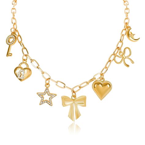 PRICES MAY VARY. 🎀CUTE CHARM NECKLACE🎀Combining elegance with playfulness, this trendy gold charm necklace captivates with its exquisite design and charming colors. The chain features a delicate paperclip chain, lightweight and comfortable, exuding a sense of fashion. The pendants, including the gold bow, heart, star, moon, key, and lock, are all adorable, adding a touch of brightness to your ensemble. 🎀GOLD PENDANT NECKLACE🎀The elegant gold charm necklace is not only suitable for everyday w Cute Charm Necklaces, Homemade Charm Necklace, Shein Necklace, Cute Things To Buy, Coquette Stuff, Chain Aesthetic, Big Heart Necklace, Necklaces Cheap, Chains Aesthetic