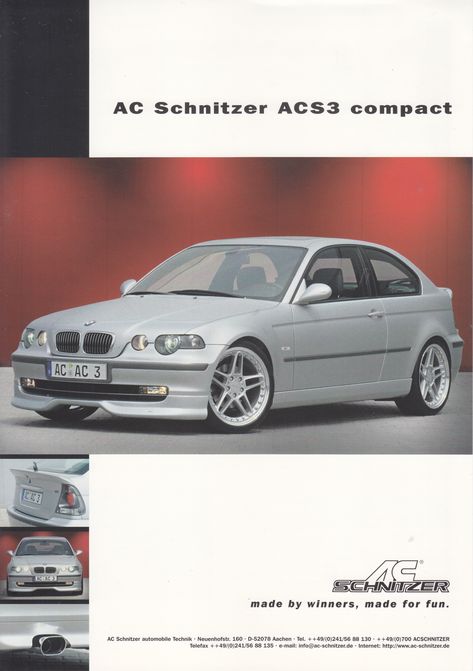 BMW ACS 3 Compact tuned by AC Schnitzer, leaflet, Aachen, Germany Classic European Cars, Aachen Germany, Ac Schnitzer, Bmw Alpina, Car Sales, Compact Cars, Car Posters, European Cars, Car Ads