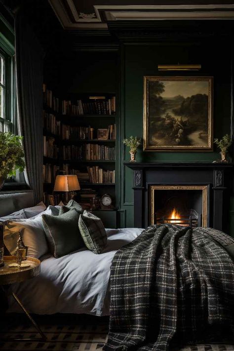 Dark Academia Bedroom Ideas, Dark Academia Bedroom, Dark Academia Interior, Dark Green Rooms, Academia Bedroom, Dark Green Walls, Victorian Bedroom, Dark Bedroom, Dark Home Decor