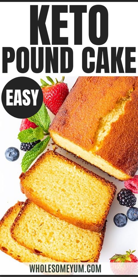 The Best Low Carb Keto Pound Cake Recipe - This easy low carb keto pound cake recipe is moist, rich and buttery, with just 3g net carbs per slice! Almond flour pound cake tastes like the real deal, using 7 ingredients and 10 minutes prep. #wholesomeyum #keto #ketorecipes #ketodesserts #ketocake #poundcake #lowcarbcake Essen, Keto Vanilla Cake Almond Flour, Keto Butter Pound Cake, Keto Almond Flour Cake Recipes, Keto Almond Pound Cake, Keto Pound Cake Recipes Easy, Protein Pound Cake, Low Carb Vanilla Cake, Low Carb Cakes Recipes