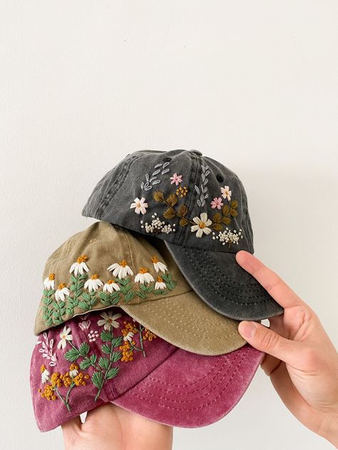 Hand embroidered baseball cap. * The cap is %100 cotton. This hat is one size fits all with an adjustable back. * All the floral embroidery is done by hand with %100 cotton thread. You can adjust circumference of the hat. - Cap circumference : 54-60cm - Cap depth: 12cm - Cap brim length: 7 cm * This hand-embroidery floral hat is a great personalized gift for a girl, sister, friend.   * This embroidered baseball cap is perfect for everyday wear and makes an adorable keepsake than can be treasured Embroidery Hats Baseball Caps, Hat For Woman, Embroidery Caps, Denim Cap, Floral Hat, Embroidered Hat, Hand Embroidery Projects, Crochet Cap, Hat Embroidery