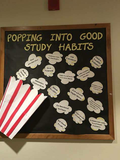 3-D popcorn bulletin board. Bucket pops out. Study tips board. Academic theme. Popcorn Bulletin Board, Dorm Bulletin Boards, Counseling Bulletin Boards, Easter Bulletin Boards, High School Bulletin Boards, Elementary Bulletin Boards, College Bulletin Boards, Work Bulletin Boards, Diy Bulletin Board