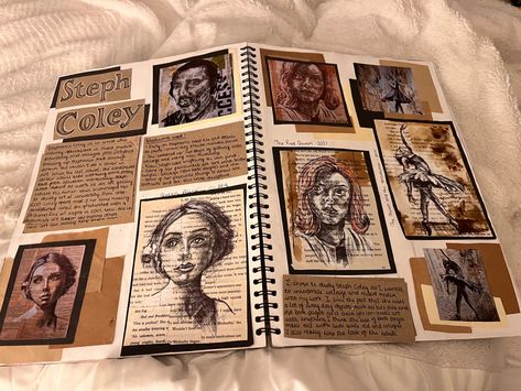 A range of portraits are placed in a sketchbook. They are all completed in watercolour and coffee. A Level Art Sketchbook Research Page, Gcse Art Artist Research Page Grade 9, Art Sketchbook Presentation, Sketch Book Layout Design, Gcse Photography Artist Research, A Level Artists Research, Sketchbook Layout Ideas Gcse Art, Photography Artist Research Page, Gcse Portraits Sketchbook