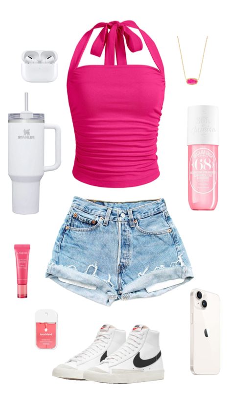 Pink top, Jean shorts! Sol de jenerio perfume! Kendra Scott necklace Cute Outfits Preppy Summer, Preppy Simple Outfits, Outfit Inspo Summer Preppy, Preppy Basic Outfits, Preppy Outfits For Summer, Preppy Summer Aesthetic, Preppy Beach Outfits, Southern Preppy Outfits, Summer Outfits Preppy