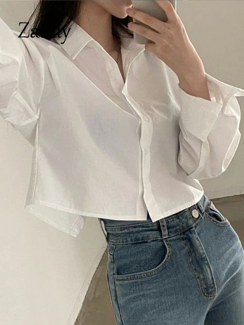 1482.22NGN 88% OFF|Zadily 2023 Spring New Casual Long Sleeve Women White Shirt Korea Style Solid Button Split Woman Crop Tops Blouse Party Clothing| | - AliExpress Chemise, Loose Crop Tops, Women White Shirt, Loose Crop Top, Chic Blouses, Cropped Tops, Sleeve Women, Shirts Women, Summer Fabrics